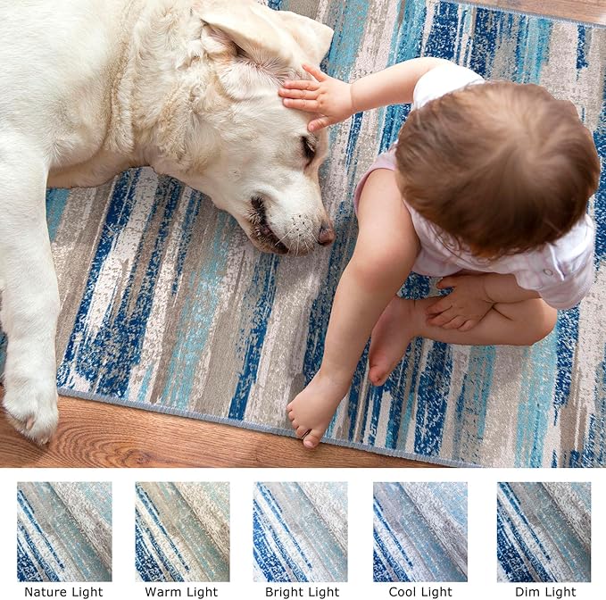 Lansny Modern Abstract Runner Rug 3x12, Blue Washable Long Kitchen Runner Non-Slip Soft Hallway Rug Runner Thin Print Faux Wool Carpet for Entryway Bedroom Laundry Room Indoor Home Decor