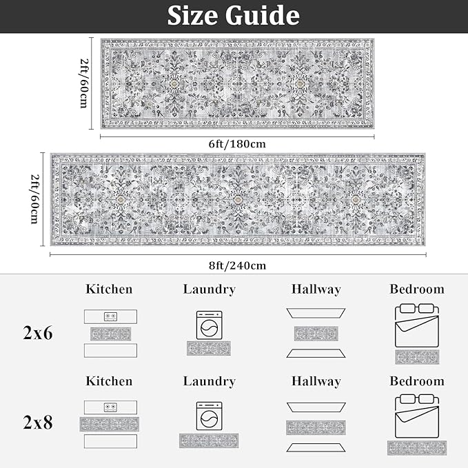 Yamaziot Washable Runner Rug 2x6 – Non Slip Boho Floral Hallway Runner Rug with Rubber Backing, Low Pile Faux Wool Distressed Carpet for Kitchen, Laundry, Bedroom, Entrance, Gray
