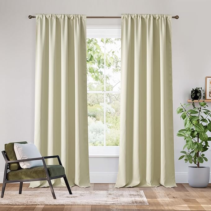 RYB HOME Bedroom Blackout Curtains 80 inches Long, 100% Blackout Thermal Insulated Noise Reducing Curtains for Living Room Nursury, 42 inches Wide by 80 inches Long, Beige