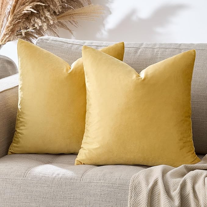 GIGIZAZA Yellow Velvet Decorative Throw Pillow Covers 20x20 inch for Sofa Bed 2 Pack Soft Cushion Cover
