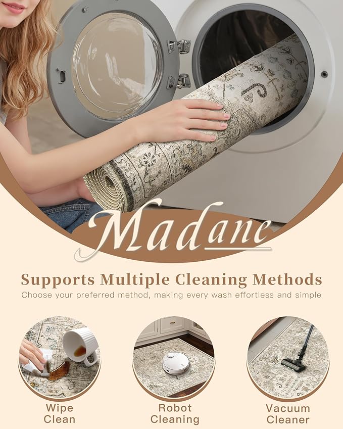Madane Runner Rugs for Hallway 2x12 Extra Long Washable Non-Slip Hallway Runner Rug Low-Pile Stair Kitchen Throw Carpet Runner for Entrance Living Dining Laundry Room Rug (Ivory/Brown, 2'x12')