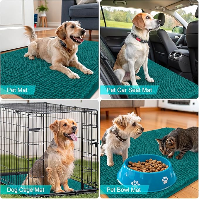 OLANLY Dog Door Mat for Muddy Paws 47x20, Absorbs Moisture and Dirt, Absorbent Non-Slip Washable Doormat, Quick Dry Chenille Mud Mat for Dogs, Entry Indoor Entryway Carpet for Inside Floor, Lake Blue