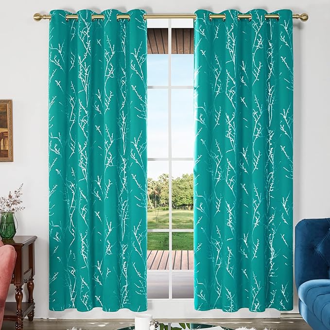 Deconovo Blackout Grommet Silver Pattern Printed Curtains, Turquoise/Silver Tree Branch, 52W x 95L