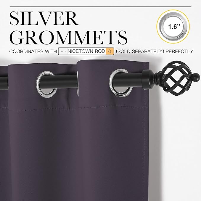 NICETOWN Bedroom Curtains Blackout Drapery Panels, 2 Panels, 70 x 72 inches, Greyish Purple, Three Pass Microfiber Thermal Insulated Solid Ring Top Blackout Window Curtains/Drapes