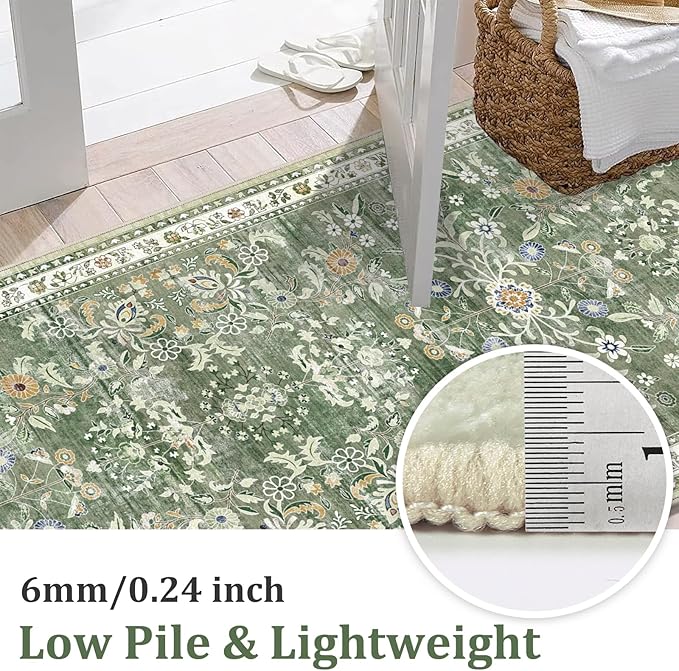 Yamaziot Washable Area Rug 6x9, Large Non-Slip Boho Floral Living Room Rug with Rubber Backing, Low Pile Distressed Carpet for Bedroom, Living Room, Dining Room, Green