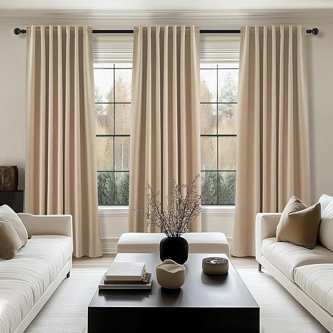 Topfinel Blackout Curtains 92 Inch Long for Bedroom Living Room Linen Textured Farmhouse Room Darkening/Thermal/Noise Reduction Window Treatment Drapes with Hooks 2 Panels, 2x52Wx92L Tan Taupe