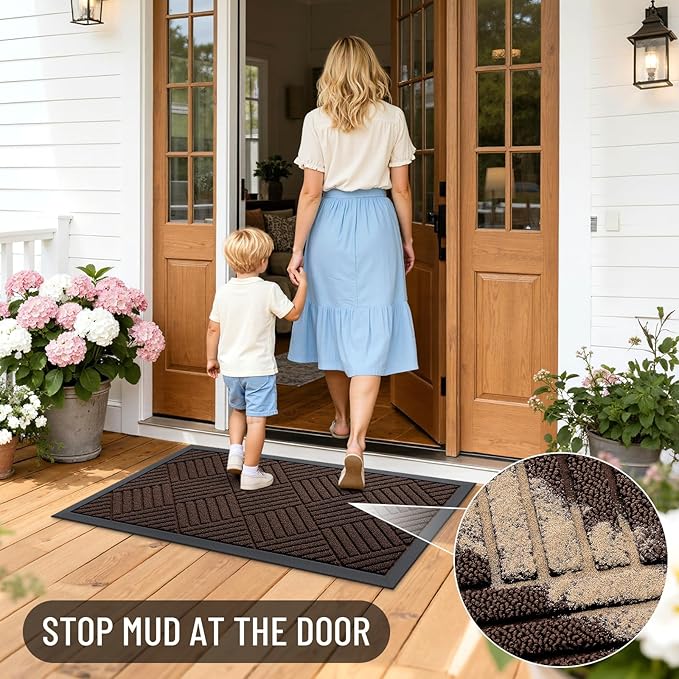 OLANLY Front Door Mat Outside Entrance 29.5x17, Absorbent, Heavy Duty Sturdy Natural Rubber Doormat Indoor Outdoor, Stain and Fade Resistant, Non-Slip Low Profile Floor Mat for Entryway, Brown Diamond