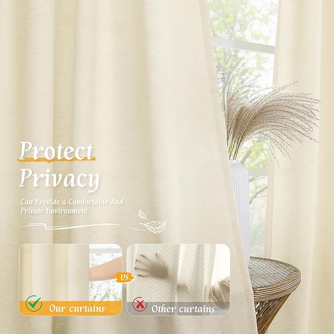 LAMIT 48 Inch Short Window Linen Curtains, Light Beige Soft Thick Light Filtering Panels Rod Pocket Neutral Privacy Faux Linen Drapes for Bedroom/Bathroom/Loft Room, 2 Panels, 42 x 48 Inch