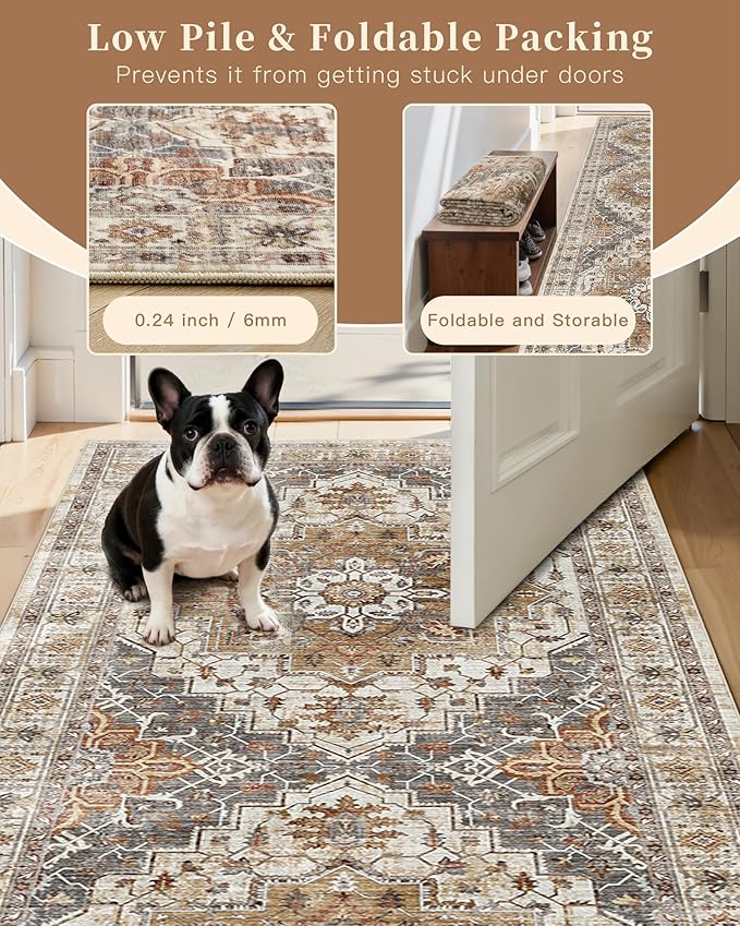 Madane Hallway Runner 3x14 - Runner Rugs 14ft Washable Entryway Rug Vintage Kitchen Runners Non Slip Indoor Area Rug Farmhouse Carpet Runner for Bathroom Living Room Bedroom, Turmeric/Grey