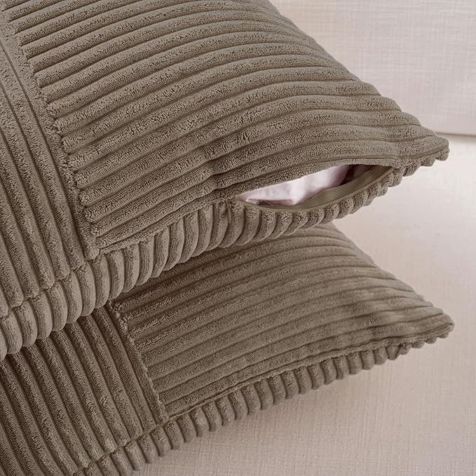 Fancy Homi Set of 2, Light Brown Patchwork Corduroy Decorative Soft Striped Modern Accent Cushion Case Farmhouse Boho Neutral Throw Pillow Covers for Chair Couch Bed Sofa Living Room 16x16 Inch