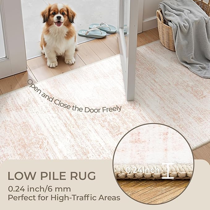 2x6 Runner Rug Non Slip for Entryway, Washable Runners for Kitchen, Soft Thin Hallway Rug for Bedroom, Laundry, Small Stain Resistant Indoor Door Mat(2'x6', Pink/White)
