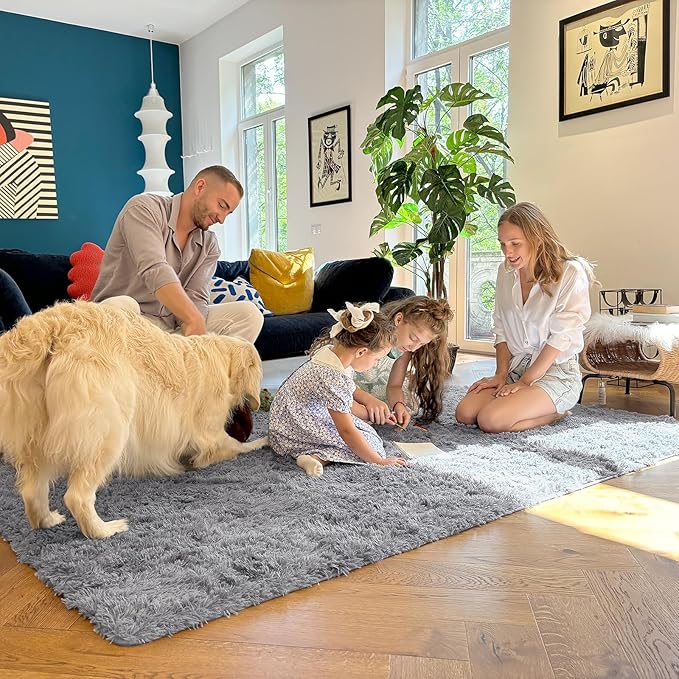 OLANLY 3x3 Machine Washable Small Bedside Rug, Soft Fluffy Shaggy Entryway Throw Rugs for Bedroom, Living Room, Indoor Floor Carpet for Kids Girls and Boys, Nursery Rooms, Home Decor, Light Grey