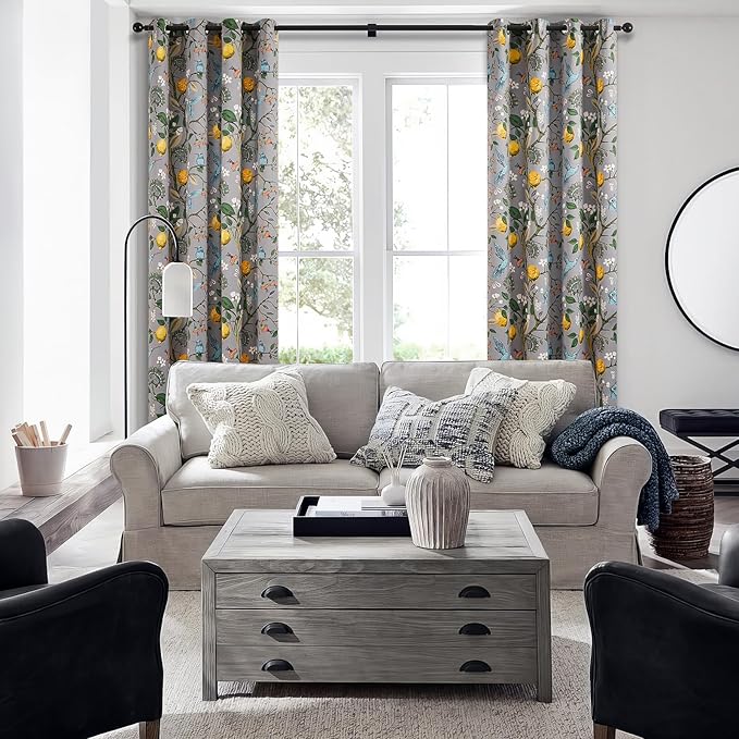 Topfinel Kitchen Curtains 45 Inch Length Gray Vintage Blackout Curtains for Cafe Kitchen, Short Grommet Luxury Whimsical Floral Hummingbird Patterned 45 Inches Long for Living Room Bedroom