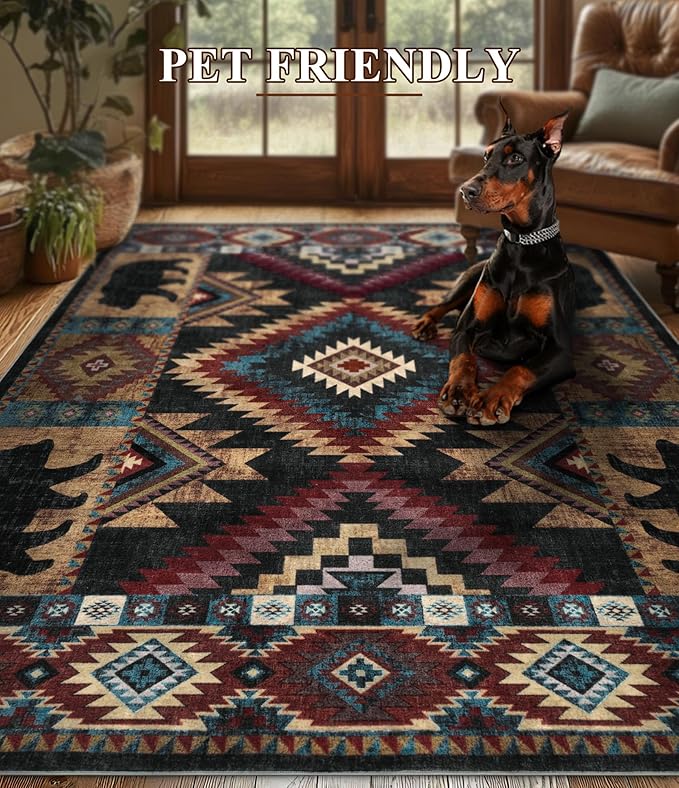 Hallway Runner Rug 2x6 Indoor Door Mat -Western Rug Bear Rustic Cabin Non-Slip Entryway Rug, Low Pile Tribal Print for Kitchen, Bedroom