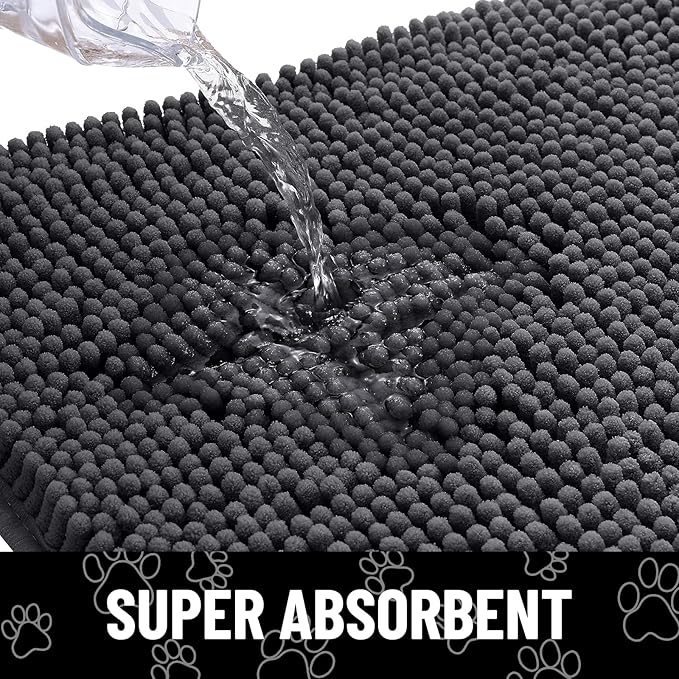 Smiry Dog Door Mat for Muddy Paws, Absorbent Dirt Trapper Non Slip Quick Dry Washable Chenille Mat for Mud Dogs, Entry Rug for Indoor and Outdoor (45x27 Inches, Dark Grey and White)
