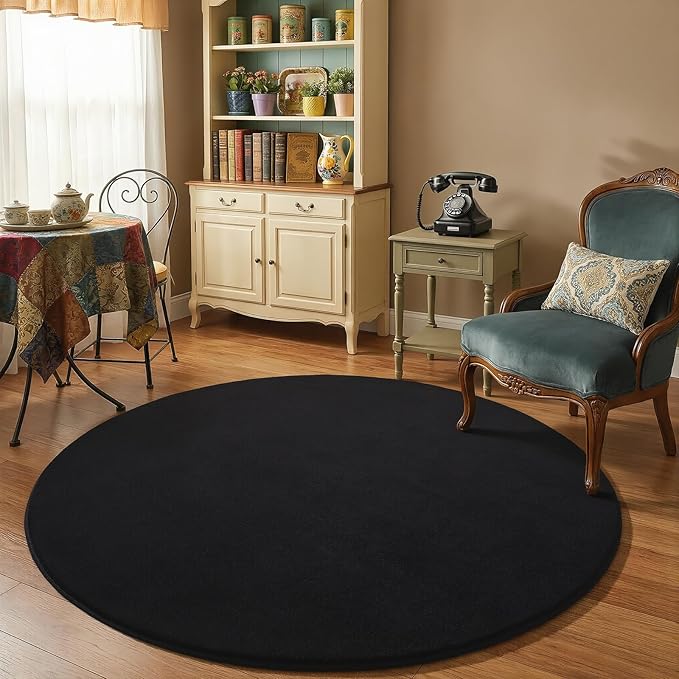 Amearea Black Round Area Rugs 4ft Washable Circle Rugs for Bedroom Living Room, Fluffy Indoor Thickened Memory Foam Rug, Non Slip Minimalist Circular Carpet for Kids Boys Girls Dorm Nursery Room Decor