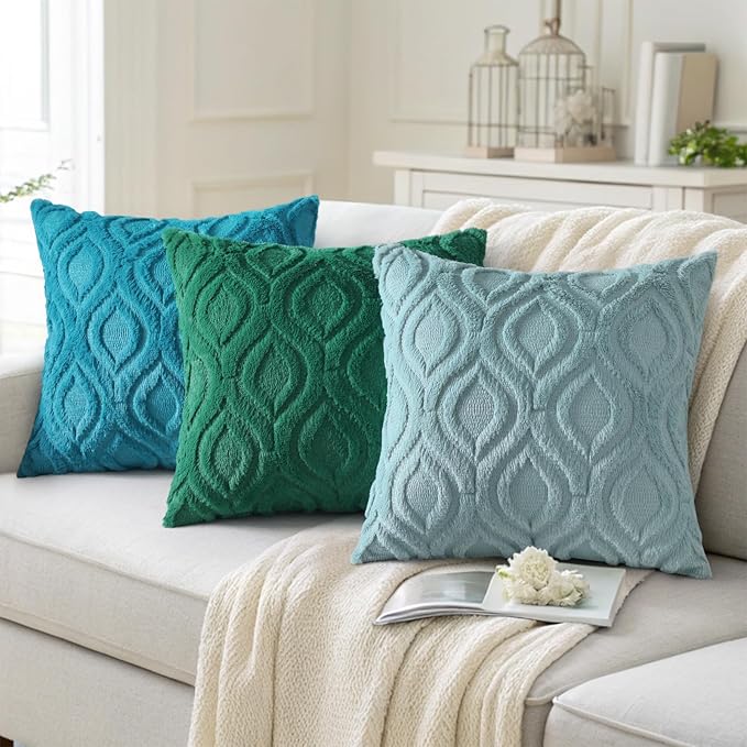 decorUhome Summer Throw Pillow Covers 26x26 Inch Set of 2, Soft Plush Faux Wool Turquoise Solid Couch Pillow Covers, Accent Euro Sham Farmhouse Neutral Square Pillow Cases for Sofa Bed Living Room