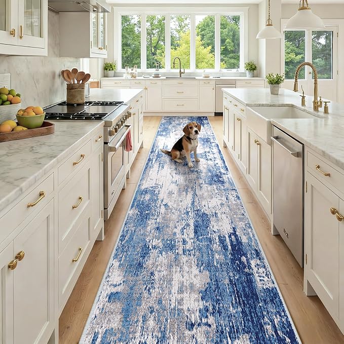 Washable Area Rugs 2'6'' x12 Non-Slip Modern Abstract Soft for Living Room Entryway Bedroom Nursery, Print Pattern, Blue Grey Navy Gray