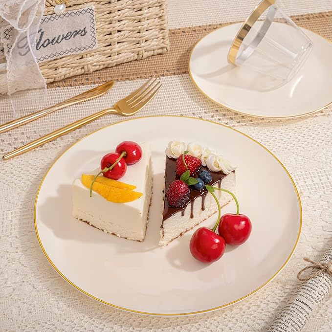 bUCLA 150PCS Ivory Plastic Plates with Gold Trim - Heavy Duty Cream Plastic Disposable for Party & Wedding - Include 25 Each（Dinner & Dessert） Plates, 25 Knives, 25 Forks, 25 Spoons & 25 Cups