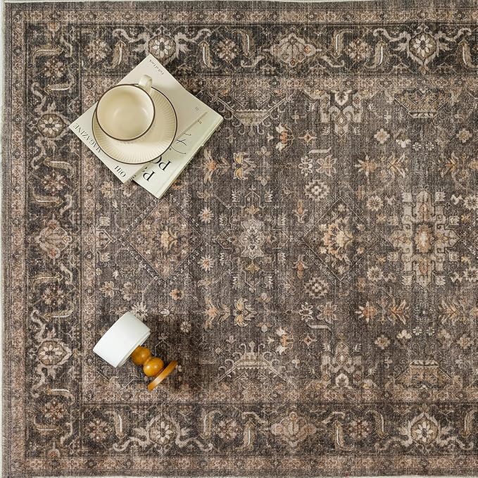 2x6 Washable Runner Rug for Hallway Kitchen Vintage Brown Non Slip Low Pile Carpet Traditional Retro Soft Throw Rug for Bathroom Bedroom Entryway Indoor Entrance