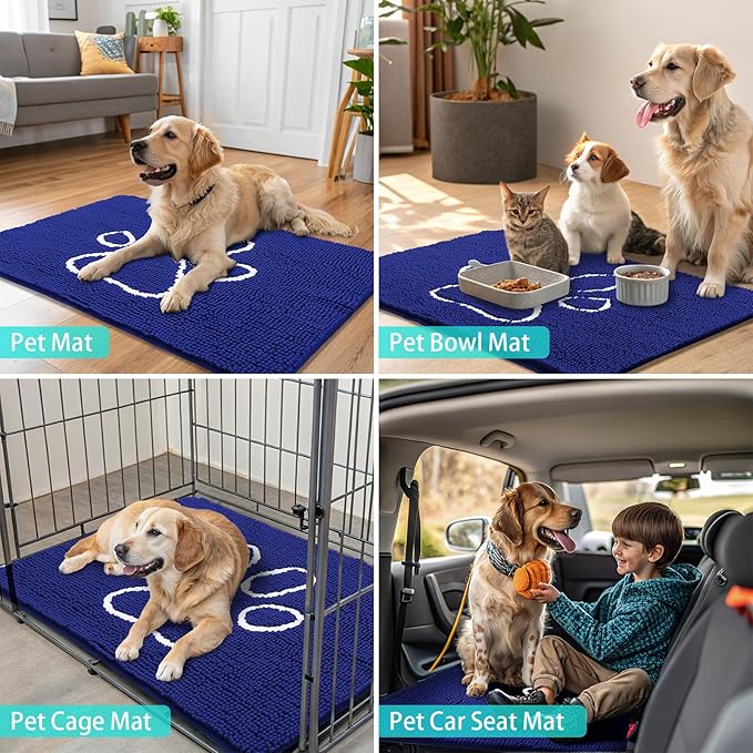 Smiry Dog Door Mat for Muddy Paws, Absorbent Dirt Trapper Non Slip Quick Dry Washable Chenille Mat for Mud Dogs, Entry Rug for Indoor and Outdoor (30x20 Inches, Navy Blue and White)