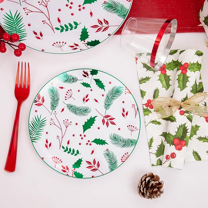 bUCLA 175pcs Christmas Plastic Plates - Christmas Plates Disposable with Red Silverware, Red Cups and Paper Napkins Berries and Holly Leaves for 25 Guests for Xmas Party