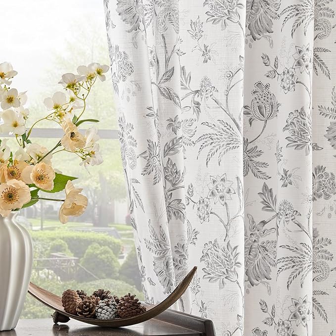 jinchan Linen Floral Curtains for Living Room, 96 Inch Length Curtains with Printed Flower Light Filtering Curtain, Rod Pocket Back Tab Gray Window Curtain Set 2 Panels Light Grey on White