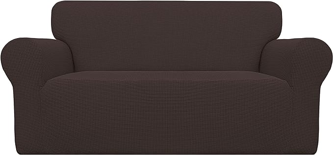 Easy-Going Stretch Loveseat Slipcover 1-Piece Sofa Cover Furniture Protector Couch Soft with Elastic Bottom for Kids Polyester Spandex Jacquard Fabric Small Checks (Loveseat, Chocolate)