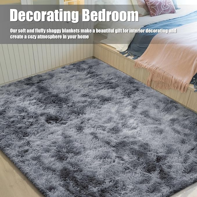 9x12 Fluffy Area Rugs for Living Room,Large Fuzzy Shag Area Rug for Bedroom,Soft Non-Shedding Indoor Plush Carpet for Kids Bedroom Nursery Home Decor,Tie-Dyed Black