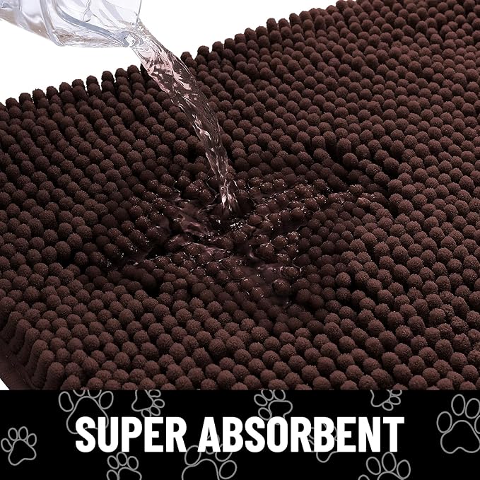 Smiry Dog Door Mat for Muddy Paws, Absorbent Dirt Trapper Non Slip Quick Dry Washable Chenille Mat for Mud Dogs, Entry Rug for Indoor and Outdoor (54x32 Inches, Brown and White)