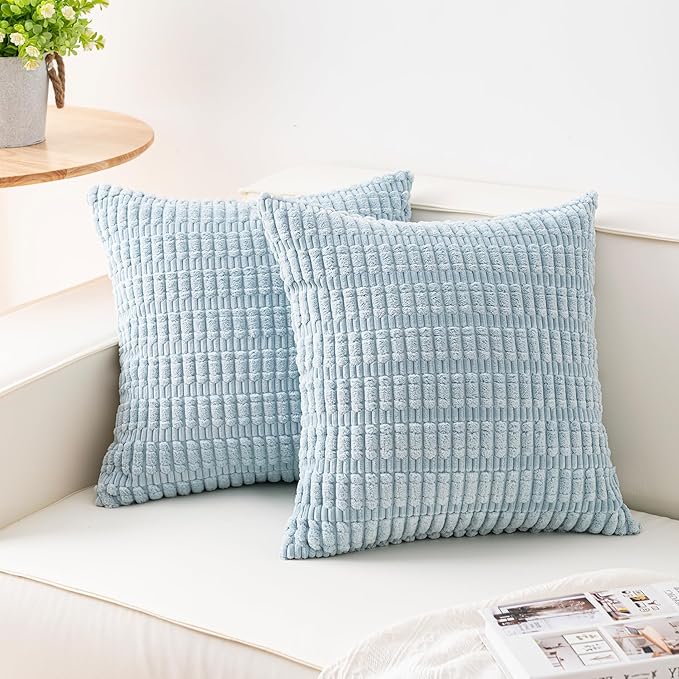 Pack of 2 Corduroy Decorative Throw Pillow Covers 22x22 Inch Soft Striped Pillow Covers Modern Farmhouse Home Decor for Sofa Living Room Couch Bed（Sky Blue）