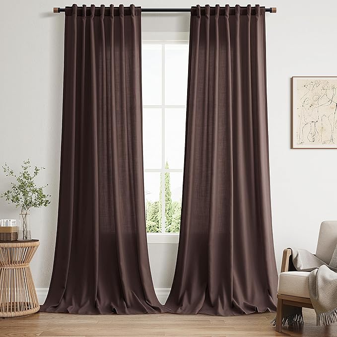 Coffee Brown Linen Curtains for Living Room 98 Inches Long Light Filtering Semi Sheer Curtain Back Tab Rod Pocket Luxury Modern Rustic Home Decor Neutral Drapes for Bedroom Dinner Room 52x98, 2 Panels