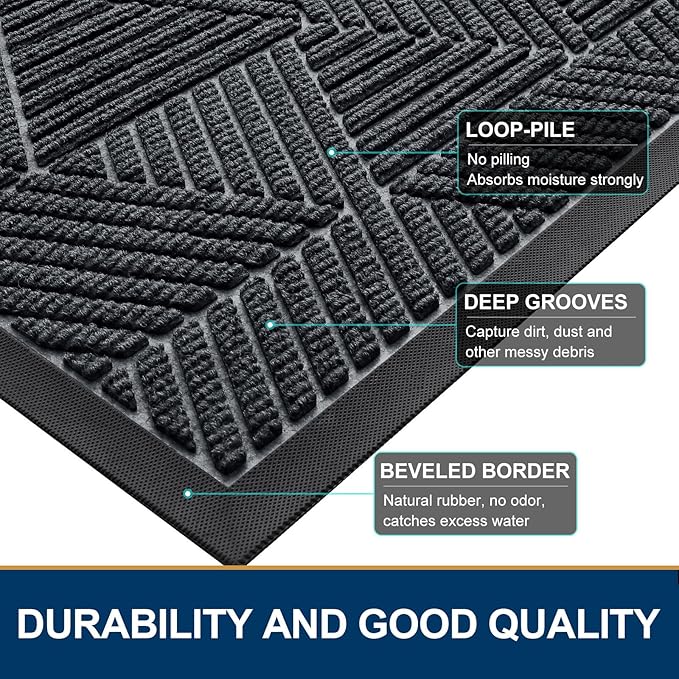 Smiry Front Door Mat Outside Entrance, Heavy Duty Sturdy Natural Rubber Doormat, Trap Dirt and Moisture, Easy Clean Low Profile Mats for Indoor Outdoor Entry, Irregular Triangle (59x20, Grey)
