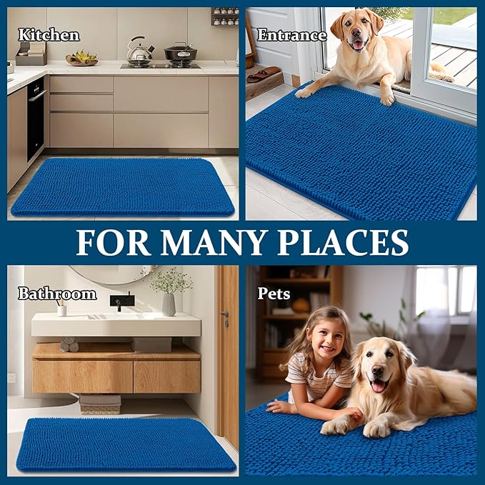 OLANLY Dog Door Mat for Muddy Paws 47x17, Absorbs Moisture and Dirt, Absorbent Non-Slip Washable Doormat, Quick Dry Chenille Mud Mat, Entry Indoor Entryway Carpet for Inside Floor, Deep Navy Blue