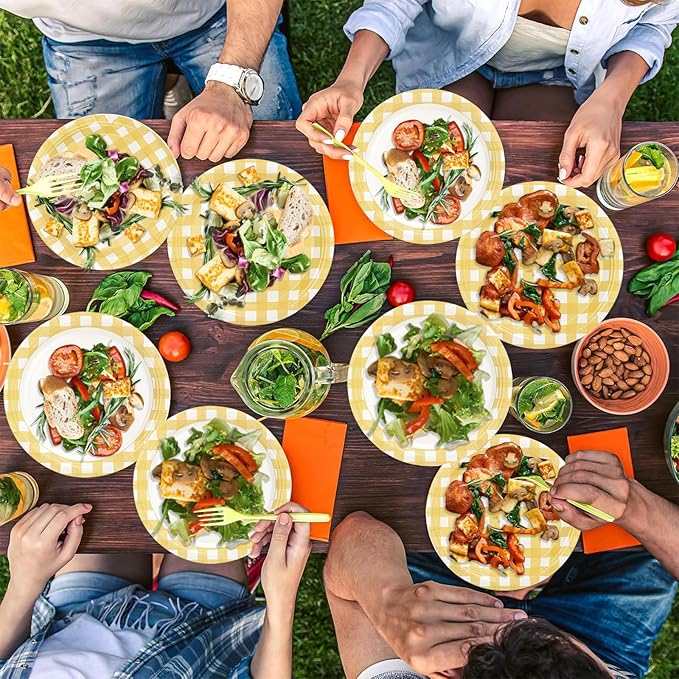 52 Pcs Yellow Gingham Party Plates - 9 Inch Checkered Plaid Dessert Plates Disposable Yellow and White Paper Plate - For Picnic BBQ Birthday Dinner Party Supplies