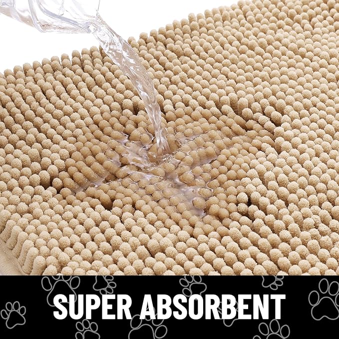 Smiry Dog Door Mat for Muddy Paws, Absorbent Dirt Trapper Non Slip Quick Dry Washable Chenille Mat for Mud Dogs, Entry Rug for Indoor and Outdoor (70x24 Inches, Beige and White)
