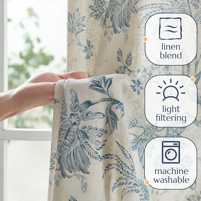 jinchan Linen Floral Curtains for Living Room with Printed Flower 84 Inches Long Light Filtering French Country Back Tab Rod Pocket Blue Window Curtain Set Farmhouse Drapes 2 Panels Blue
