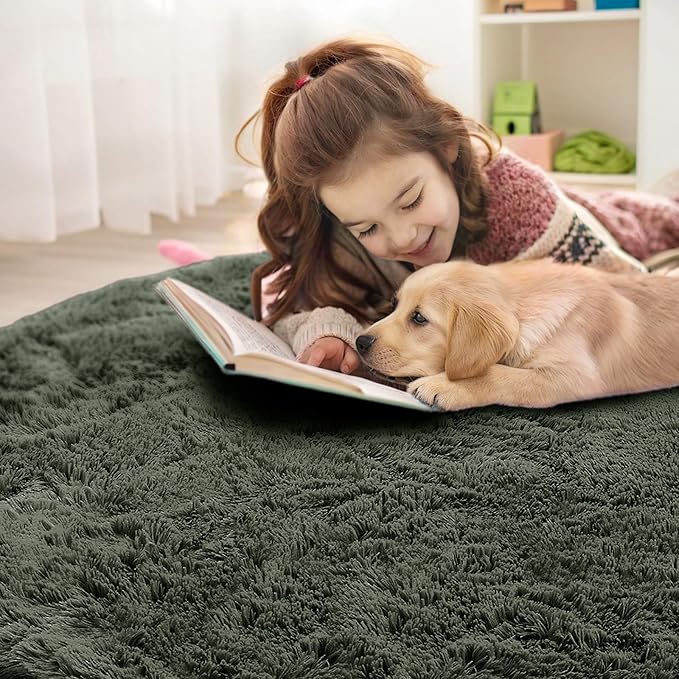 OLANLY Olive Green Round Rugs for Bedroom - Machine Washable, 7 ft Circle Area Rugs for Living Room, Soft and Fluffy Shaggy Carpet for Teen Girl and Boys, Nursery Rooms, Dorms, Home Decor Aesthetic