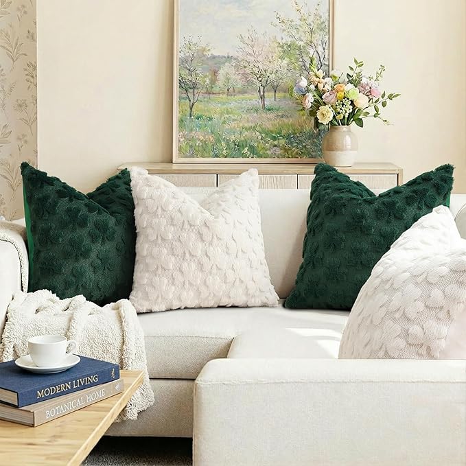 decorUhome St. Patrick’s Day Shamrock Pillow Covers 18x18 Inch Set of 2, Soft Plush Faux Wool Cream White Throw Pillow Covers, Farmhouse Spring Holiday Decor for Sofa Living Room