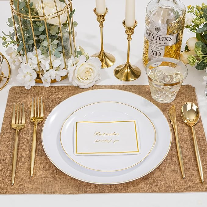 bUCLA 150PCS White and Gold Plastic Plates Disposable - 25 Guests Gold Dinnerware Set - Include 25 Each (Dinner & Dessert) Plates, 25 Knives, 25 Forks, 25 Spoons & 25 Cups for Party