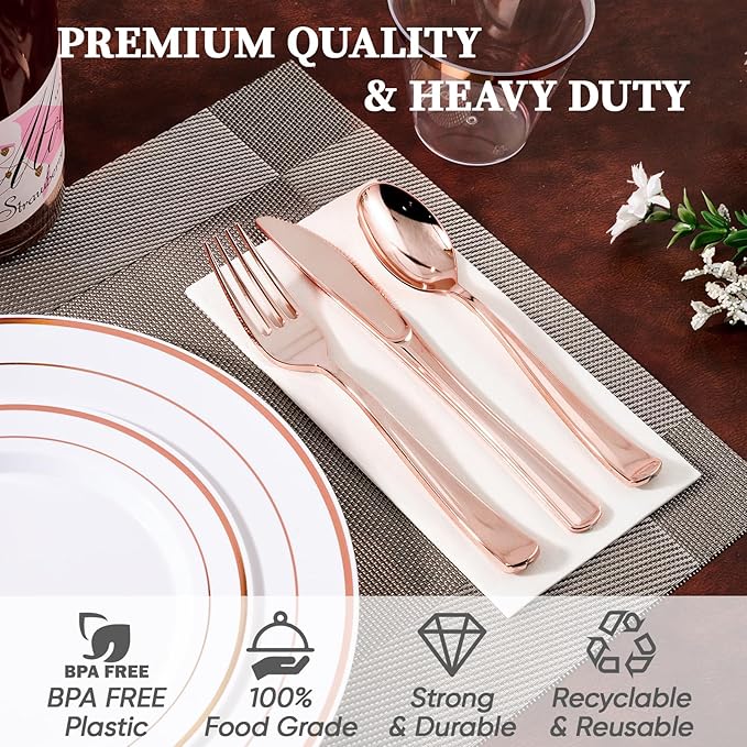 FOCUSLINE 600 Ct Rose Gold Dinnerware Set for 100 Guests - Rose Gold Rimmed Disposable Plastic Plates, Includes 100 Dinner & Salad Plates, Cups, Cutlery Set for Wedding Parties