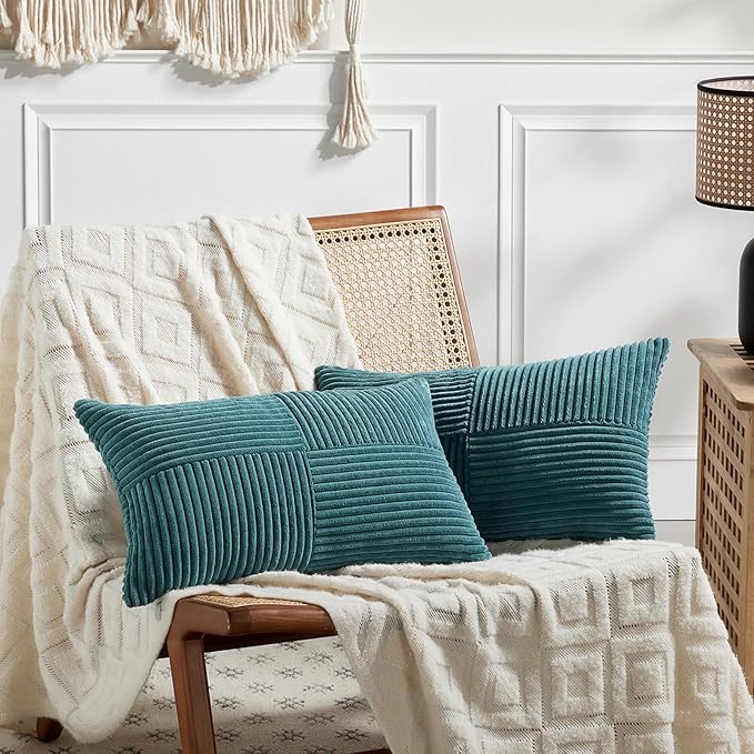 Fancy Homi 2 Packs Teal Lumbar Decorative Throw Pillow Covers 14x22 Inch for Living Room Couch Bed Sofa, Rustic Farmhouse Boho Home Decor, Soft Striped Corduroy Rectangle Accent Cushion Case 35x55 cm