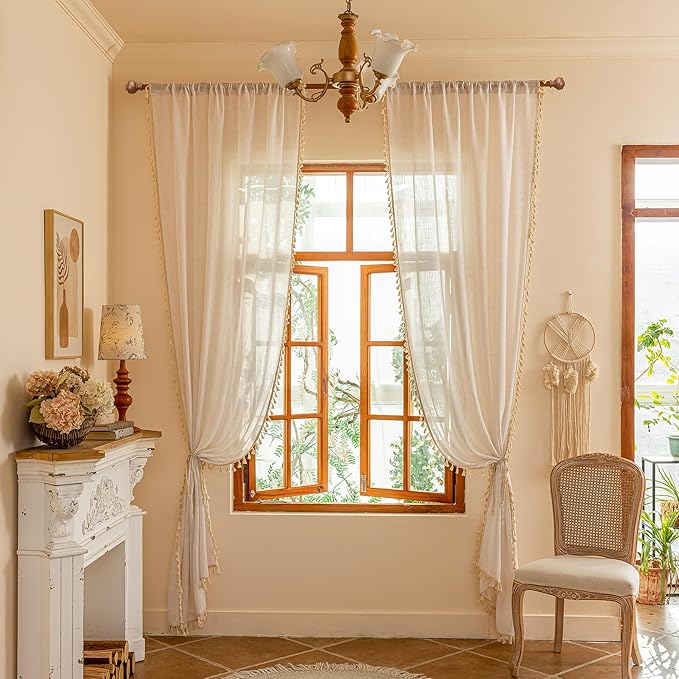 MYSKY HOME 90 Inch Boho Cream Semi Sheer Curtains Light Filtering Back Tab Drapes for Living Room Sliding Door & Patio Privacy Protect Farmhouse Country Decor, 50" W×90" L, Natural, 2 Panels