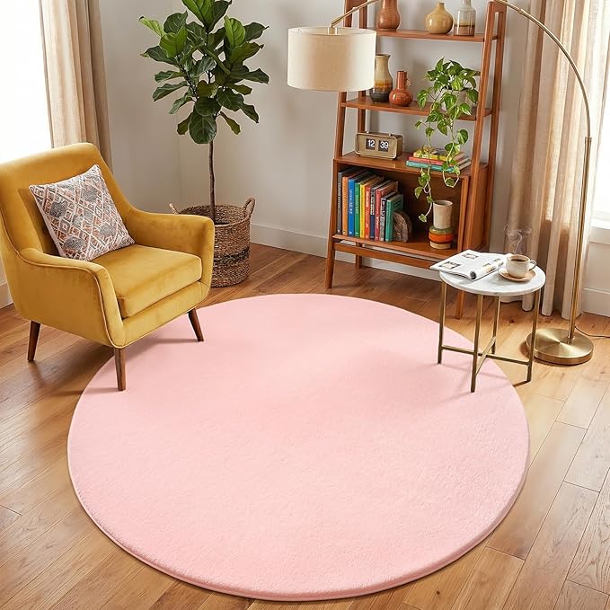 Amearea Pink Round Area Rugs 5ft Washable Circle Rugs for Bedroom Living Room, Fluffy Indoor Thickened Memory Foam Rug, Non Slip Minimalist Circular Carpet for Kids Boys Girls Dorm Nursery Room Decor