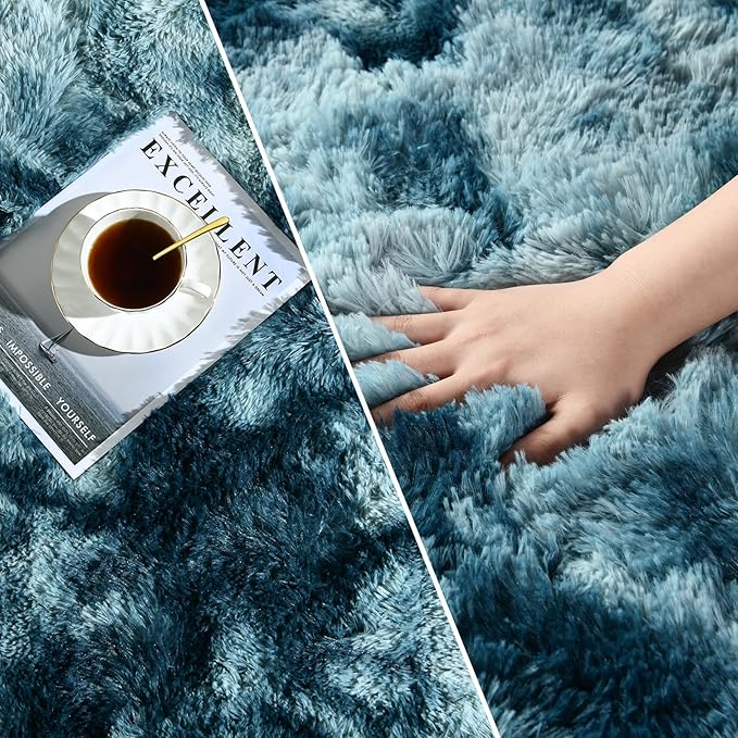 Deerhoo Large Shag Area Rugs 5 x 8, Tie-Dyed Plush Fuzzy Rugs for Living Room, Ultra Soft Fluffy Furry Rug for Bedroom, Indoor Carpet Nursery Rugs for Kids Room Home Decor, Peacock Blue