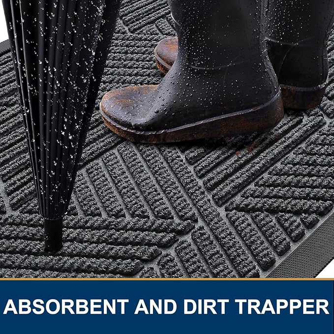 Smiry Front Door Mat Outside Entrance, Heavy Duty Sturdy Natural Rubber Doormat, Trap Dirt and Moisture, Easy Clean Low Profile Welcome Floor Mats for Indoor Outdoor Entry, 59x34 Inch, Grey