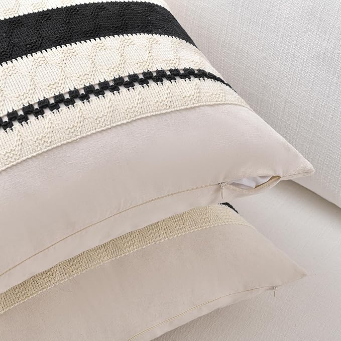 Fancy Homi Set of 1 Boho Black Lumbar Decorative Throw Pillow Cover 12x20 Inch for Couch Bed Sofa Chair, Modern Organic Farmhouse Home Decor, Soft Cotton Cute Accent Rectangle Cushion Case