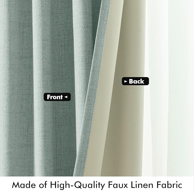 MIULEE 100% Blackout Linen Curtains for Bedroom, Seafoam Green Solid Luxury Decor Thermal Insulation Room Darkening Drapes for Living Room Nursery Back Tab Rod Pocket 42 x 90 Inches, 2 Panels
