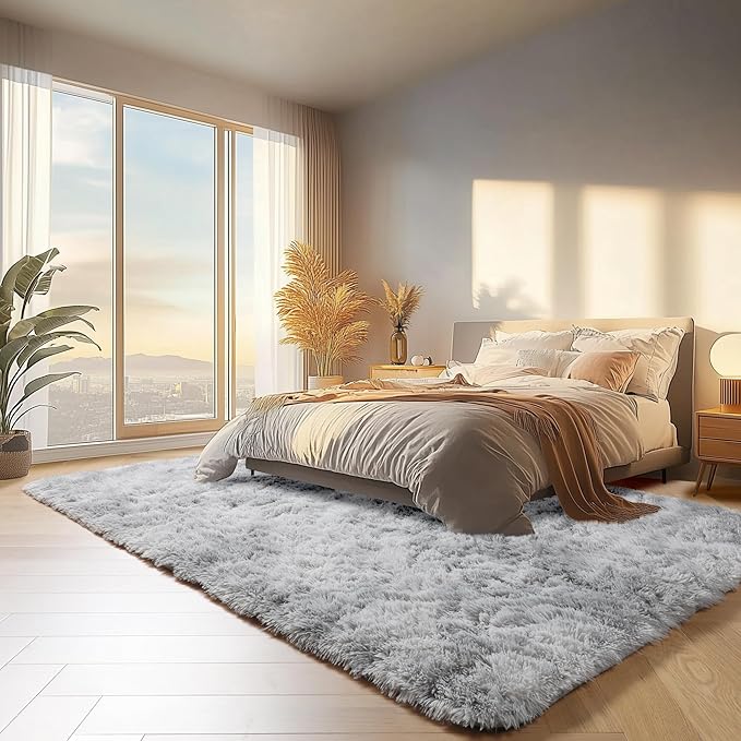 ONASAR Area Rugs 9x12 Living Room, Tie-Dyed Light Grey Large Fluffy Bedroom Rug, Soft Plush Thick Shaggy Big Floor Carpet for Kids Boy Girls Teen Dorm Nursery Indoor Home Decor Aesthetic