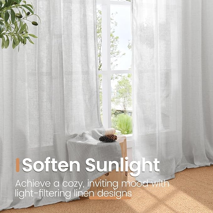 BGment Long Linen Curtains 102 Inch Length for Living Room, Light Grey Sheer Window Drapes for Bedroom Farmhouse Decor with Rod Pocket Lightweight Rustic Textured, 2 Panels Set, Each 52 Inch Wide